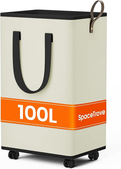 SpaceTrove Laundry Basket with Wheels, Collapsible Laundry Baskets, Laundry Hamper with Handles Detachable Wheels, Rolling Laundry Basket, Dirty Clothes Hamper for Bathroom, Dorm, Bedroom, Cream, 100L