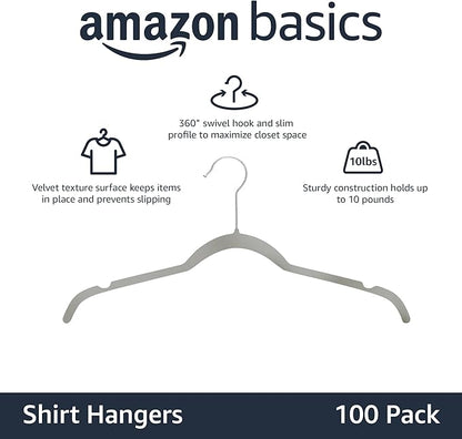 Amazon Basics Space Saving Slim Velvet Non-Slip Clothes Hangers, Sturdy, Gray/Silver, 100-Pack