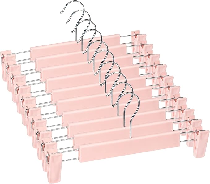 10 Pack Skirt Hangers, PantsHangers with Clips，360 ° Swivel Hooks Space Saving Hangers for Pants, Skirts, Clothes, Jeans，Pink