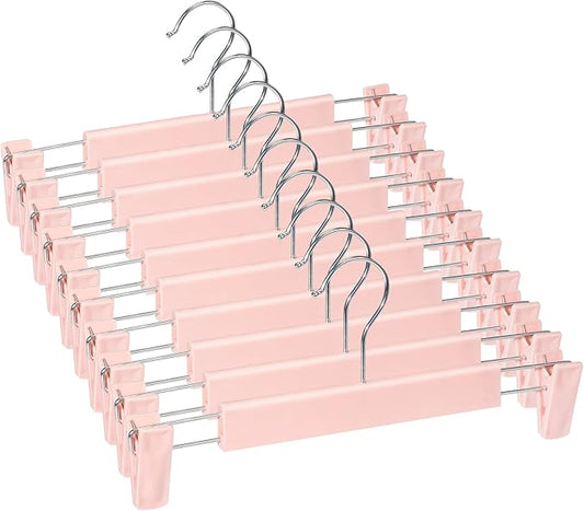 10 Pack Skirt Hangers, PantsHangers with Clips，360 ° Swivel Hooks Space Saving Hangers for Pants, Skirts, Clothes, Jeans，Pink
