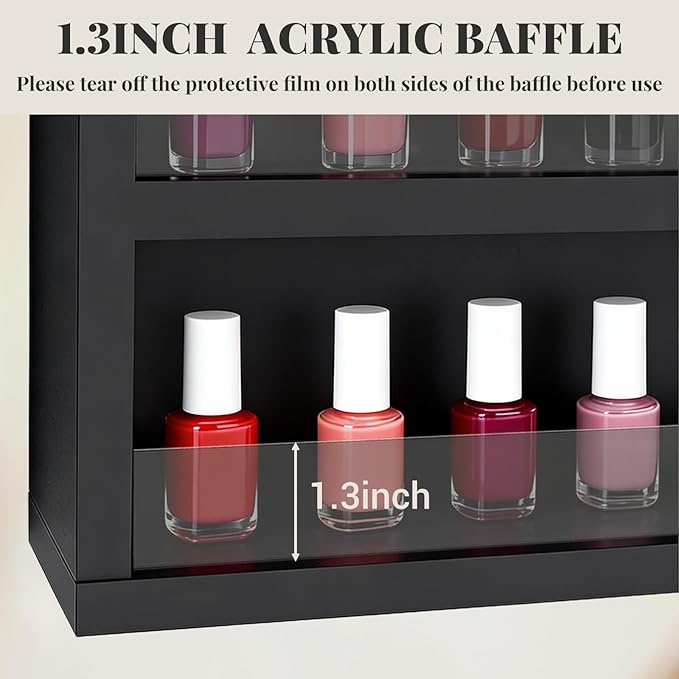 10-Tier Nail Polish Rack,Wall Mount Nail Polish Organizer w/Acrylic Baffle, 42*12 inch Salon Display Shelf for Home Spa & Nail Studio,Perfect for Lipstick,Perfume,Holds 120 Bottles(Black, L)