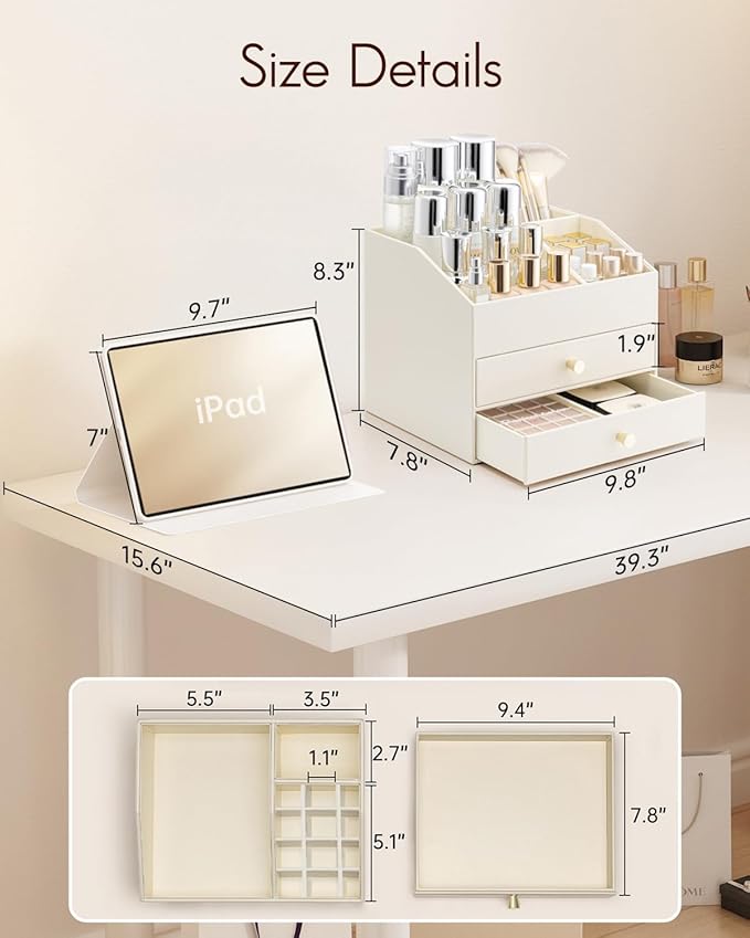 VLANDO Makeup Organizer for Vanity,Large Capacity Bathroom Counter Organizer with Drawers,PU Leather Skin Care Storage for Lipstick,Brushes,Perfumes (Beige)