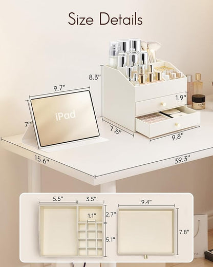 VLANDO Makeup Organizer for Vanity,Large Capacity Bathroom Counter Organizer with Drawers,PU Leather Skin Care Storage for Lipstick,Brushes,Perfumes (Beige)