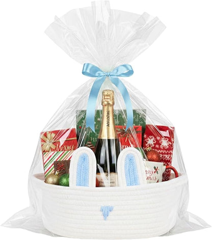 ShellKingdom Empty Gift Basket with Gift Bags and Ribbon, Birthday Basket for Boys Girls, Storage Woven Basket with Handles for Home Organizer, 12 X 8 X 5 INCH, Easter White Blue