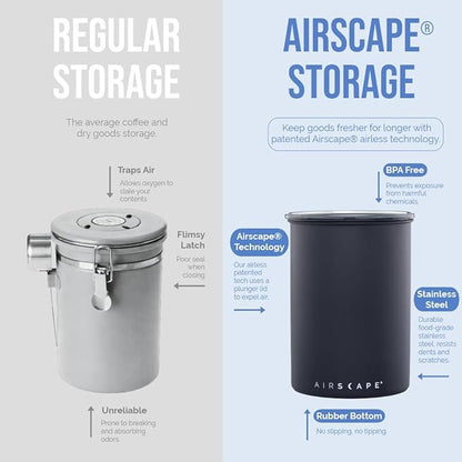 AirScape Planetary Design Stainless Steel Coffee Canister | Food Storage Container | US Patented Inner Plunger Lid REMOVES Excess Oxygen | Don't Buy airtight, Buy AIR-Less | (Medium, Matte Black)