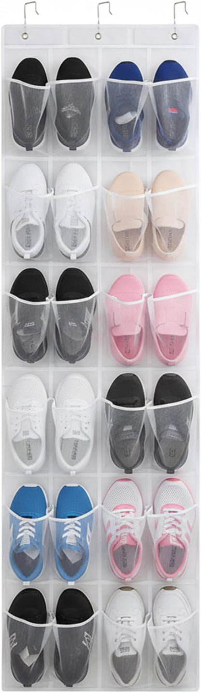 24 Mesh Pocket Over The Door Shoe Organizer, Space Saving Hanging Storage Holder with Hooks, 64x19 Inch White