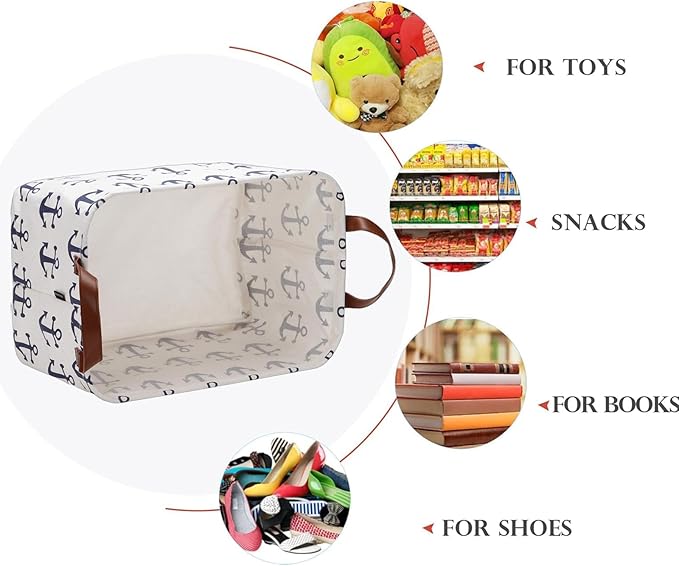 Collapsible Storage Basket with Handles, Waterproof Foldable Organizer Bin 15x10x9 Inches, Nautical Anchor Decor for Toys, Shelves, Home
