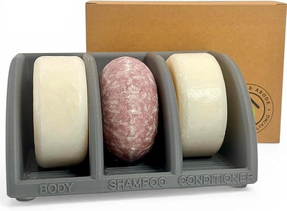 Shampoo Bar Holder for Shower, 3-Slot Soap & Conditioner Organizer with Drainage - Keeps Bars Dry & Lasts Longer - Modern Bathroom Organizer by Essence & Abode (Dark Gray)
