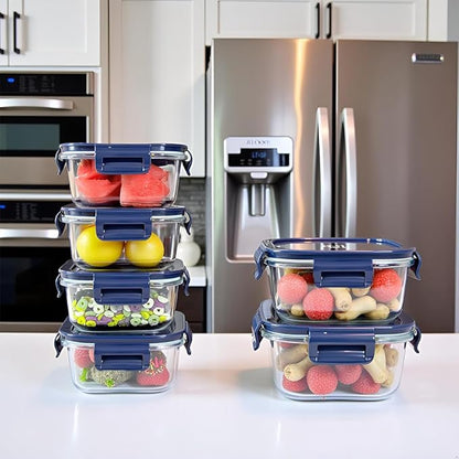 2 Cup Square Glass Food Containers set, Small Square Food Storage Containers With Airtight Lids, BPA free 16oz small Glass Meal Prep Bowls, Dishwasher, Microwave, Freezer Safe (Dark Blue)