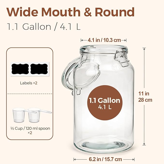 ComSaf 1.1 Gallon Glass Jars with Airtight Lids (138oz, Set of 2), 4-Inch Extra-Wide Mouth Heavy Duty Canisters for Bulk Flour, Sugar & Rice Storage, Ideal for Kombucha, Kimchi, Sauerkraut & Pickling