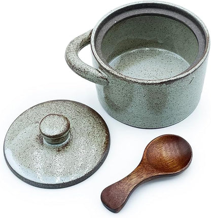 Ceramic Salt Cellar With Lid & Spoon,8oz Salt Container For Countertop,Sugar Bowl,Spice Jar(Coarse Pottery Color)