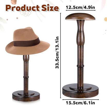 Ptwola Freestanding Vintage Cowboy Hat Stand, Wood Rustic Brown Tabletop Hat Rack Caps Wig Organizer Display Holder with 5.1" Dome Shape Retention for Dresser Closet Desktop Store Home Decor