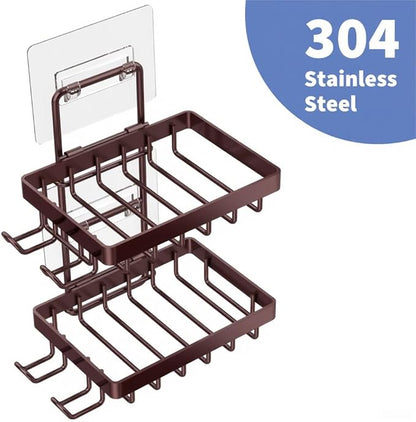 Moforoco Brown Double Soap Bar Holder for Shower, No Drilling, 304 Stainless Steel, Wall Mounted Soap Holder with 4 Hooks and Razor Holder, Shower Rack Soap Tray Bar Soap for Bathroom Accessories