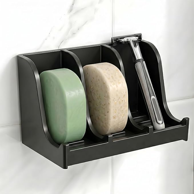 Soap Holder for Shower Wall, 3-Compartment Soap Dish for Shampoo, Conditioner and Body Soap, Fast Draining & Rust-Proof & Heavy Duty, Ultra-Strong Self Adhesive & Freestanding (Black, No Label)