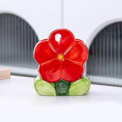 TANG SONG Ceramic Bloom Five Petals Make up Brush Holder Flower Cosmetic Storage Box Pen and Pencil Holder Desktop Organizers (Red)