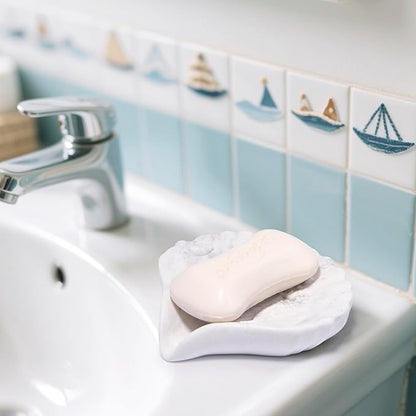 ZAWUU Resin Draining Seashell Soap Dish with Embossed Design – Bar Soap Holder for Bathroom & Kitchen, Multiuse Jewelry Tray (White Marble, Seahorse)