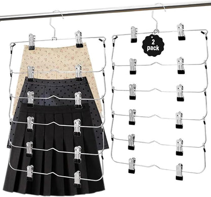 Skirt Pants Hangers with Clips,6Tier Skirt Hangers Space Saving,Metal Multi Pants Hangers and Storage Multi Clothes Shorts Hanger Organization,Space Saving Hangers with Clips (Black, 2-Piece Set)