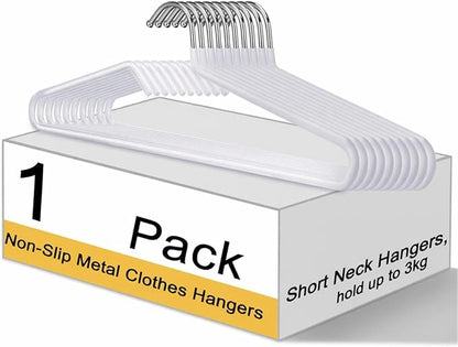 Leumoi 1 Pack Short Neck Hangers Non-Slip Metal Hangers for Clothes, Pants, Shirts, Tank Tops, Jackets, Space Saving, Short Neck Household Collar Protection (White)