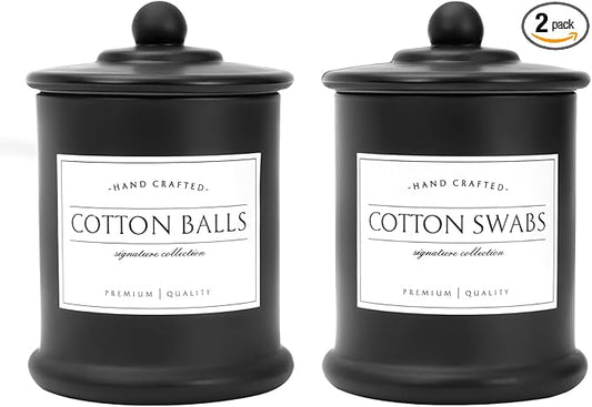 Volisnova 2 Pack Farmhouse Apothecary Jars with Lids - Glass Qtip Dispensers and Cotton Ball Holders for Bathroom Vanity Storage and Organization with 8 Pcs Wterproof Labels (Black Glass)
