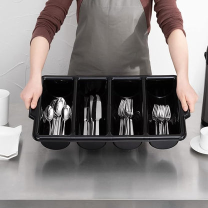 Restaurantware-21.9 x 14.2 x 3.5 Inch Silverware Organizer, 1 Crack-Resistant Cutlery Tray - 4 Compartments, Built-In Handles, Black Plastic Utensils Drawer Holder, For Kitchen Organization