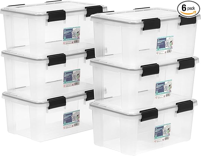 IRIS USA WeatherPro 19 Qt Storage Bins with Lids, 6 Pack, BPA-Free Plastic Gasket Box with Tight Latch and Seal, Stackable Nestable Tote Tub - Clear/Black