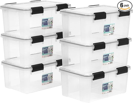 IRIS USA WeatherPro 19 Qt Storage Bins with Lids, 6 Pack, BPA-Free Plastic Gasket Box with Tight Latch and Seal, Stackable Nestable Tote Tub - Clear/Black