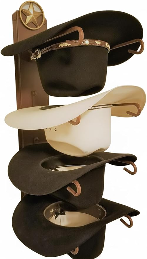 American Made 4 Cowboy Hat Rack with Lone Star, Wall Mount Four Tier Hat Holder, Heavy Duty Powder Coated Steel, Rust Chisholm Trail Brown, Model 664 Classic CT