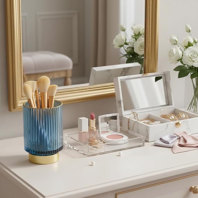 Glass Makeup Brush Holder, Blue Makeup Brush Holder for Vanity, Toothbrush Holders for Bathrooms, Desktop Makeup Organizer for Cosmetic, Brushes, Pen, Pencil