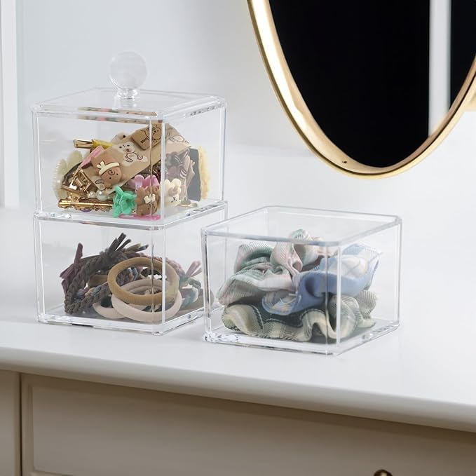 Clear Bathroom Dresser Organizer 3 Compartment with 1 Lid, Transparent Hair Accessories Organizer, Cotton Ball and Swab Holder, Small Plastic Storage Containers Vanity Makeup Organization (Clear Lid)