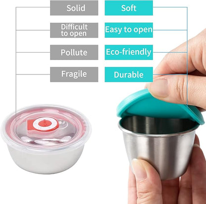 Freshmage [6 Pack 2.4oz] Stainless Steel Dressing Container with Silicone Lids, Reusable Leakproof Condiment Containers Small Sauce Container Sets