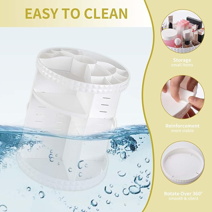 V-HANVER 360 Rotating Makeup Organizer Perfume Organizer White Cosmetic Storage Display Case Large Capacity Acrylic Beauty Holder Adjustable Partition Height for Bedroom Dresser or Bathroom Vanity