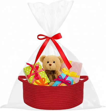 ShellKingdom Storage Basket with Handles, Empty Gift Basket with Gift Bags and Ribbon, Small Woven Baskets for Home, Nursery Storage Organizer, 12 X 8 X 5 INCH, Valentine's Red