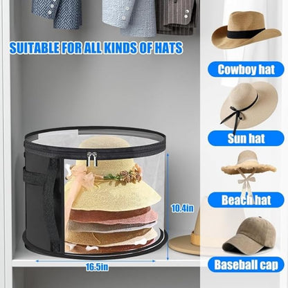 Hat Storage Box Organizer with Clear Window, Round, Set of 2, Black