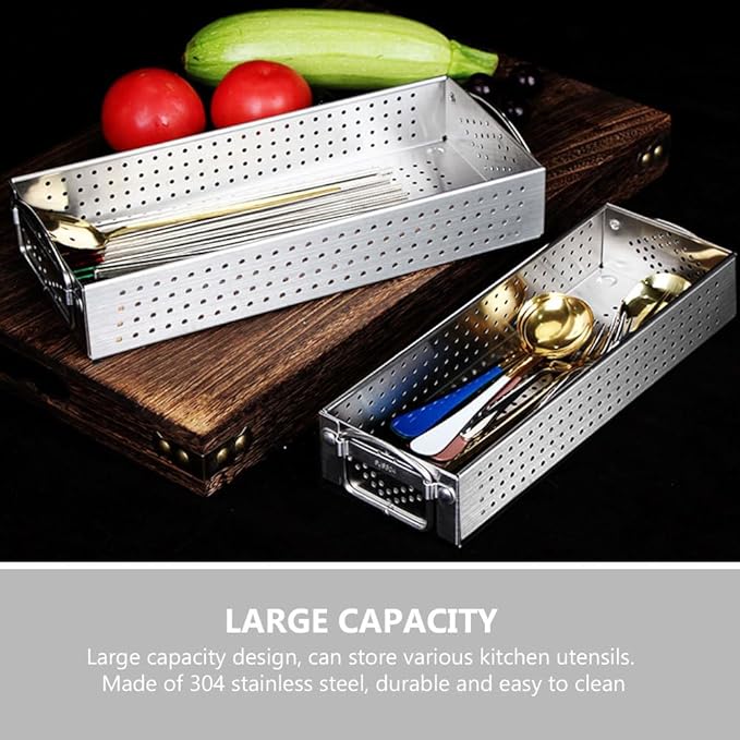 Hemoton Stainless Steel Chopsticks Holder Utensil Organizer Case with Drainage Large Capacity Rectangular Kitchen Storage Box for Cutlery and Cooking Tools