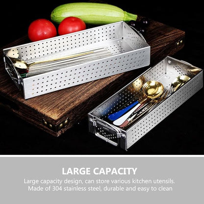 Hemoton Stainless Steel Chopsticks Holder Utensil Organizer Case with Drainage Large Capacity Rectangular Kitchen Storage Box for Cutlery and Cooking Tools