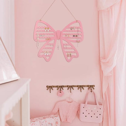 Pink Bow Hanging Earring Organizer Wall Mounted Metal Pink Jewelry Holder Coquette Bow Earring Rack Organizer Home Decor for Women Girls Bedroom Dormitory Accessories