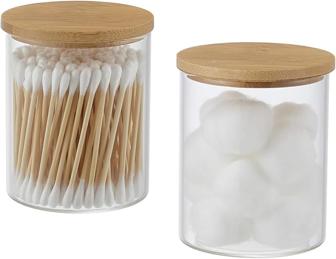 INIUNIK Glass Qtip Holder with Vanity Tray, Apothecary Jars Bathroom Accessories Bathroom Canisters Organizer Countertop Q Tip Holder for Cotton Ball Round Swab Pad Hair Ties Floss Perfume Jewelry