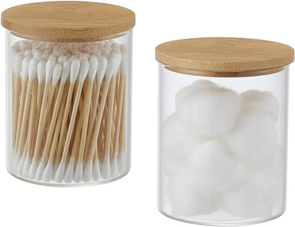 INIUNIK Qtip Holder with Bamboo Vanity Tray, Glass Apothecary Jars with Lids, Cotton Ball Swab Pad Rounds Holder Bathroom Canister Jars for Bathroom Restroom Decorations and Organizer