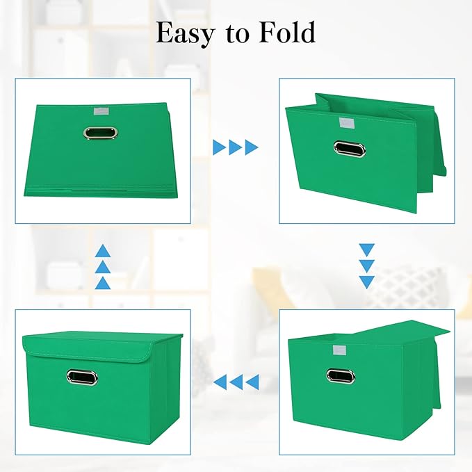 STOREONE Fabric Storage Cube Bins Foldable Organizer Container Collapsible Basket with Lids and Metal Handles, for Home, Bedroom, Closet 3 Pcs (Green)