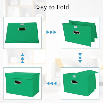 STOREONE Fabric Storage Cube Bins Foldable Organizer Container Collapsible Basket with Lids and Metal Handles, for Home, Bedroom, Closet 3 Pcs (Green)