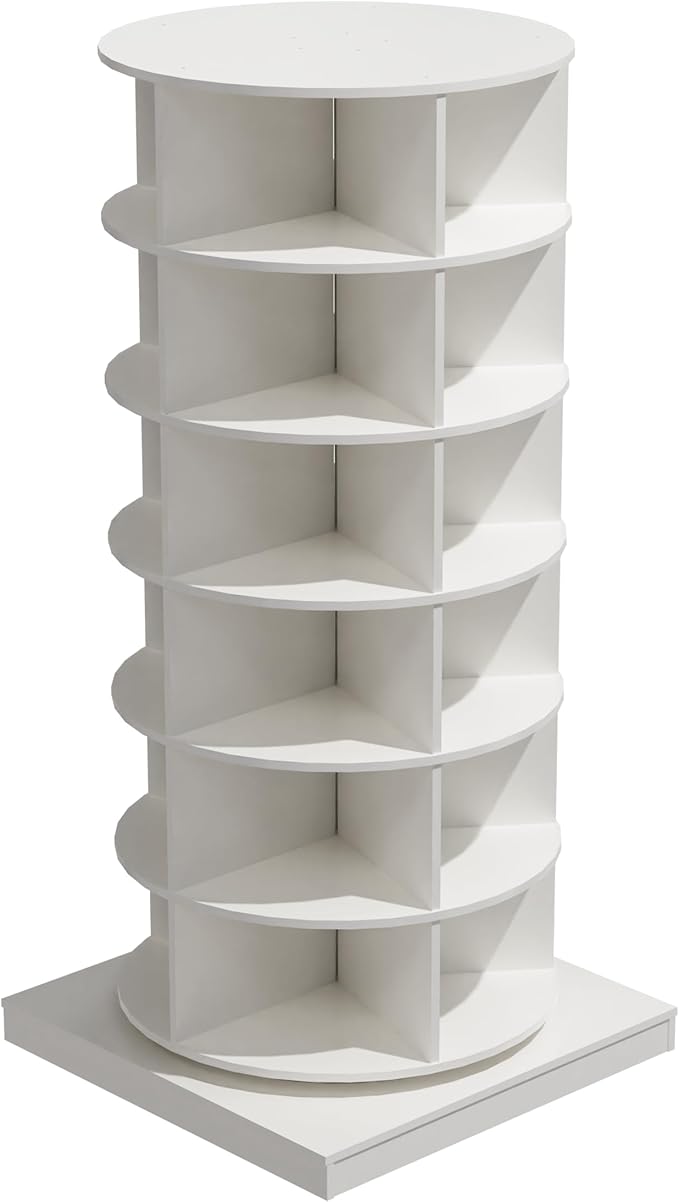 HomVent Rotating Shoe Rack, Wooden 6-Tier Spinning Shoe Rack Tower, Free Standing 360° Revolving Shoe Organizer Shoe Storage Shelf Can Hold Over 24 Pairs Shoes for Entryway Living Room (6-Tier, White)