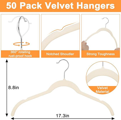 Beige Velvet Hangers 50 Pack, Non-Slip Felt Hangers with Shoulder Notches, Slim Space Saving Clothes Hangers with 360°Swivel Hook for Shirts Heavy Coats Clothes Dresses Closet(Beige)