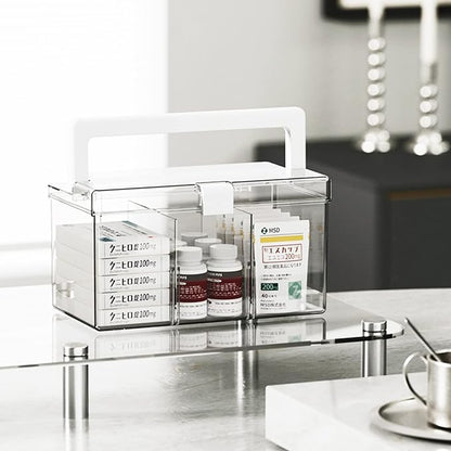 KIMCHOMERSE Large Qtip Holder, Cosmetic Organizer with Carry Handle, Adjustable 3 Compartments Qtip Dispenser for Swabs, Cotton Pads, Small Items Storage Organizer for Desktops and Drawers - Clear