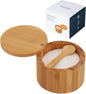 Bamboo Salt Cellar Bowl Box with Swivel Magnetic Lid to Avoid Dust, Elegant Kitchen Salt Container Holder with to Storage Pepper Spice Bath & Sea Salts, 6OZ（Built-in Spoon）