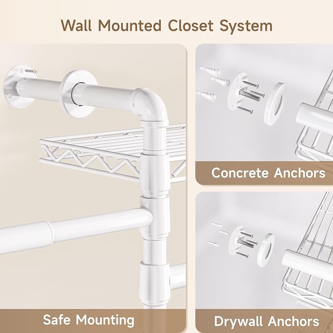 Wall Mounted Garment Rack, Walk-in Closet System with Expandable Rods, Adjustable Shelves, Industrial Pipe Clothing Racks, Hanging Clothes Organizers and Storage, Metal Closet Shelving Wardrobe