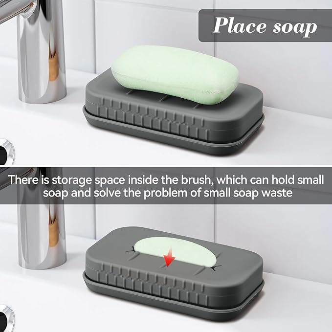 2-in-1 Silicone Soap Holder & Brush Set with Built-in Soap Saver Compartment, Includes a Leak-Proof soap Tray+Brush, Unbreakable&Noise-Free, Soap Dish with Soft Brush, Brush with Soap Dish(Dark Grey)