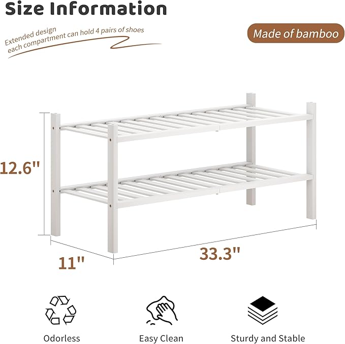 Bamboo Shoe Rack Stackable Shoe Shelf Storage Organizer for Unit Entryway Hallway and Closet Sturdy Freestanding Shoe Shelf(2 Tier White)