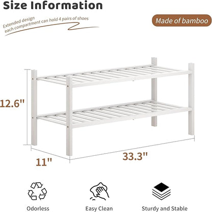 Bamboo Shoe Rack Stackable Shoe Shelf Storage Organizer for Unit Entryway Hallway and Closet Sturdy Freestanding Shoe Shelf(2 Tier White)