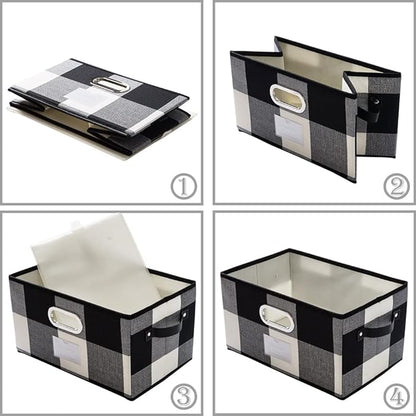 PRANDOM Large Collapsible Storage Baskets for Closet [3-pack] Decorative Fabric Storage Bins Cubes with Leather/Metal Handles for Shelves Bedroom Living Room Black and White Grid (14.9x9.8x8.3 Inch)