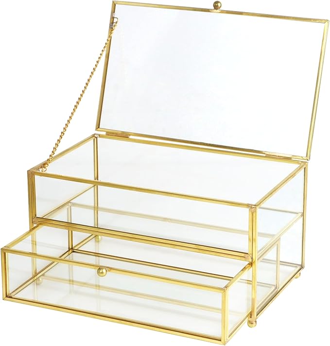ZEXALOR 2-Tier Vintage Clear Desk Organizer with Drawer,Gold Decorative Storage Boxes,Jewelry Holder Display Tray Trinket Boxes Glass Memory Keepsake Box Dresser Vanity Wedding Decor Gifts(Gold)